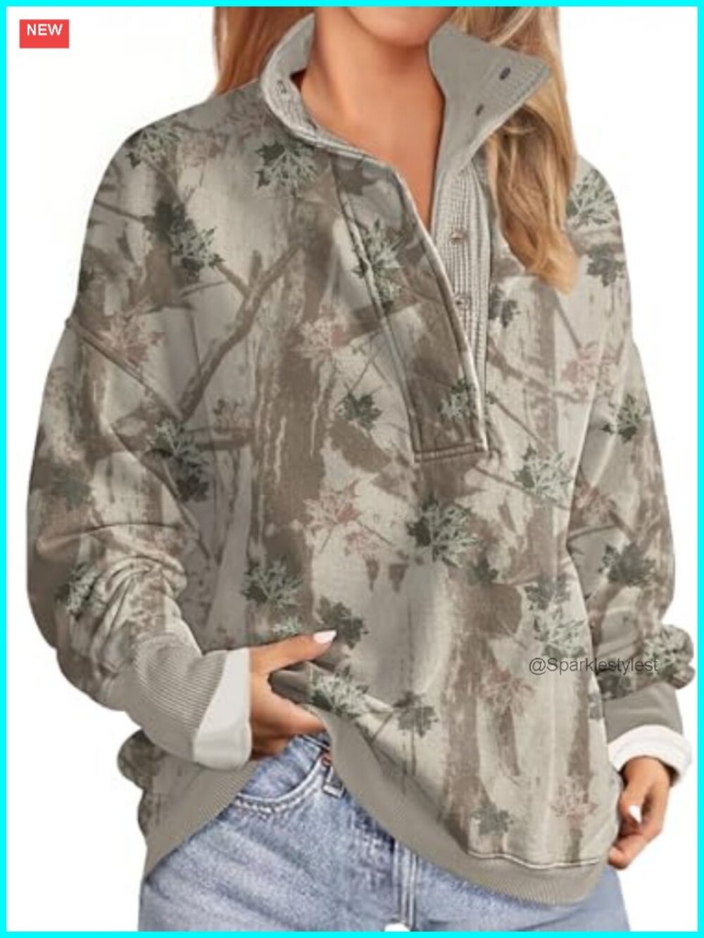 Oversized Waffle Fleece Lined Mock Neck Button Pullover Tunic Sweatshirt